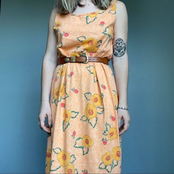 Vintage 90s Styleworks Novelty Fruit Peach Summer Maxi Tank Cotton Dress Sz L - Picture 12 of 14